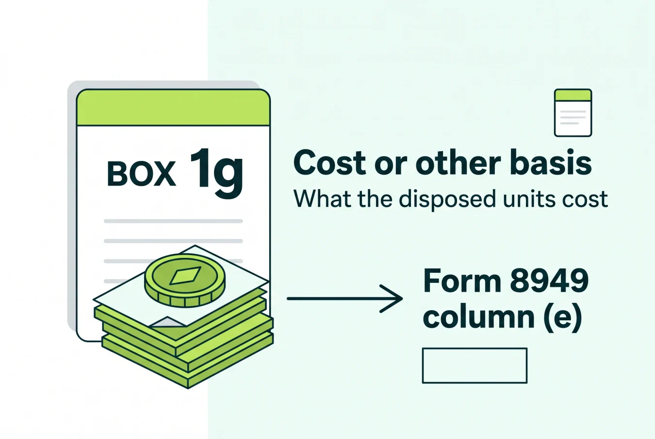 Form 1099-DA box 1g showing cost or other basis flowing to Form 8949 column e