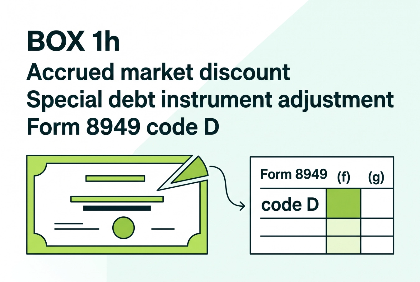 Form 1099-DA box 1h showing accrued market discount and Form 8949 code D