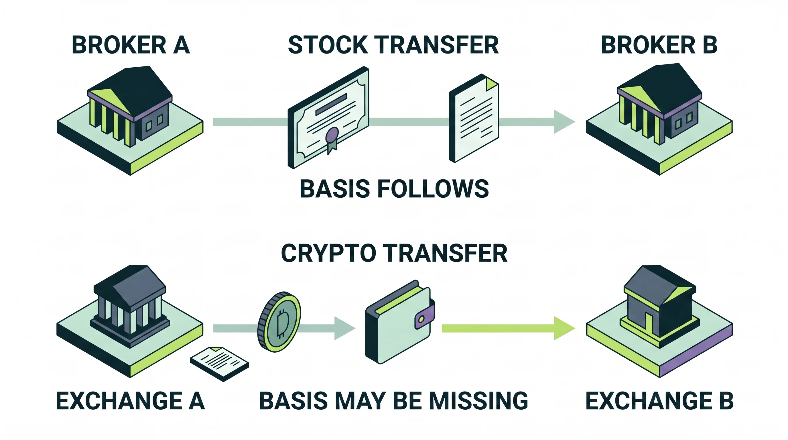 Stock basis can follow a broker transfer statement, while transferred crypto may arrive without its purchase history