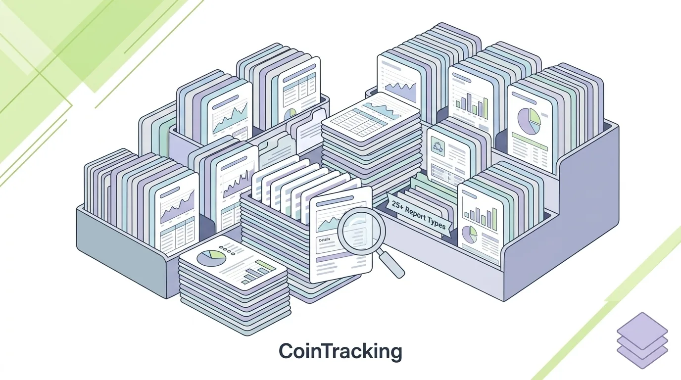 CoinTracking crypto tax software depth for high volume traders, with stacks of detailed reports and 25+ report types