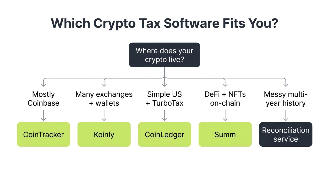 Decision flowchart for choosing crypto tax software in 2026 based on portfolio type: Coinbase only, multi-exchange, DeFi heavy, high volume, or messy multi-year history