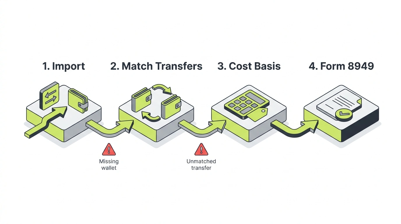 Four-step pipeline showing how crypto tax software works: import transactions, match transfers, apply cost basis, generate Form 8949, with error points at each step