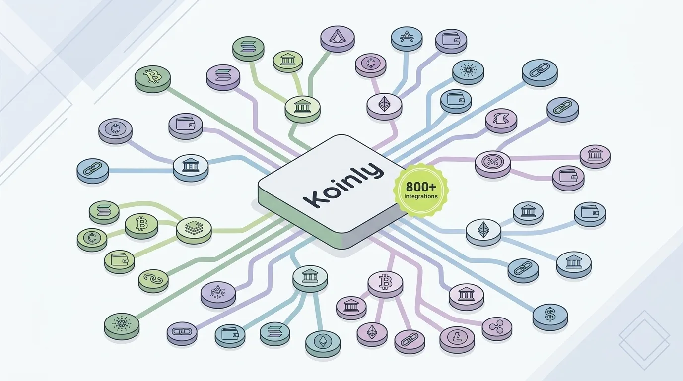 Koinly crypto tax software coverage: one central hub connecting 800+ exchanges, wallets, and blockchains