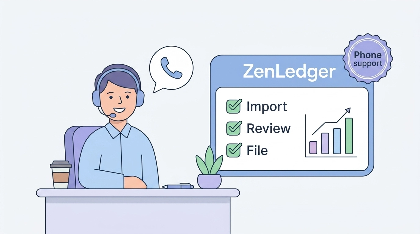 ZenLedger crypto tax software support: a real person on the phone walking a filer through import, review, and file steps
