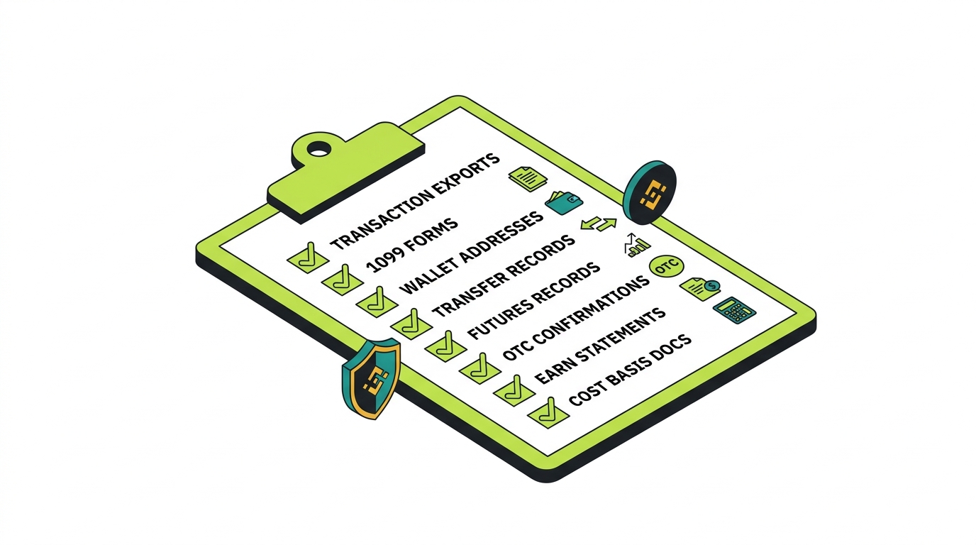 A Binance tax audit documentation checklist on a clipboard with checkmarks for transaction exports, 1099 forms, wallet addresses, transfer records, futures records, OTC confirmations, Earn statements, and cost basis documentation