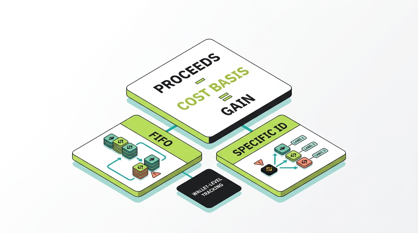 Calculating Binance cost basis: a formula showing proceeds minus cost basis equals gain, with FIFO and specific identification method tiles and a wallet-level tracking note