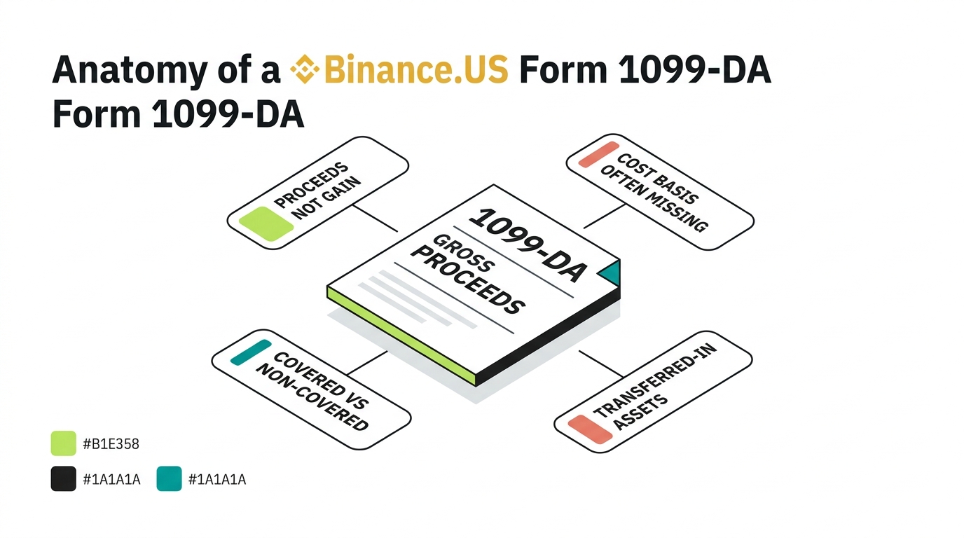 Anatomy of a Binance 1099-DA: a large gross proceeds figure surrounded by callouts noting proceeds are not gain, cost basis is often missing, covered versus non-covered assets, and transferred-in assets