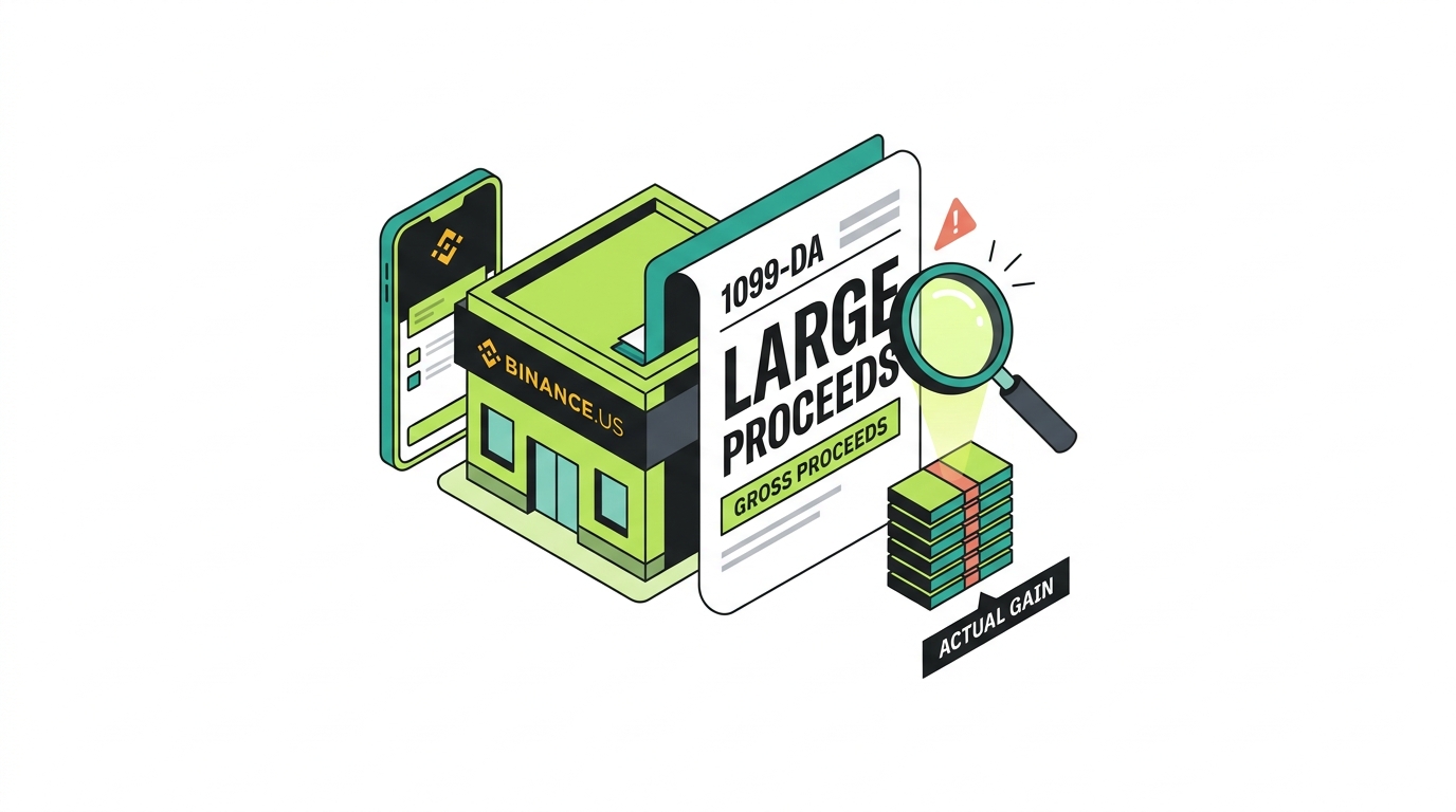 Count On Sheep | Complete Binance.US Tax Guide 2026 hero illustration showing a Binance 1099-DA with gross proceeds versus actual gains