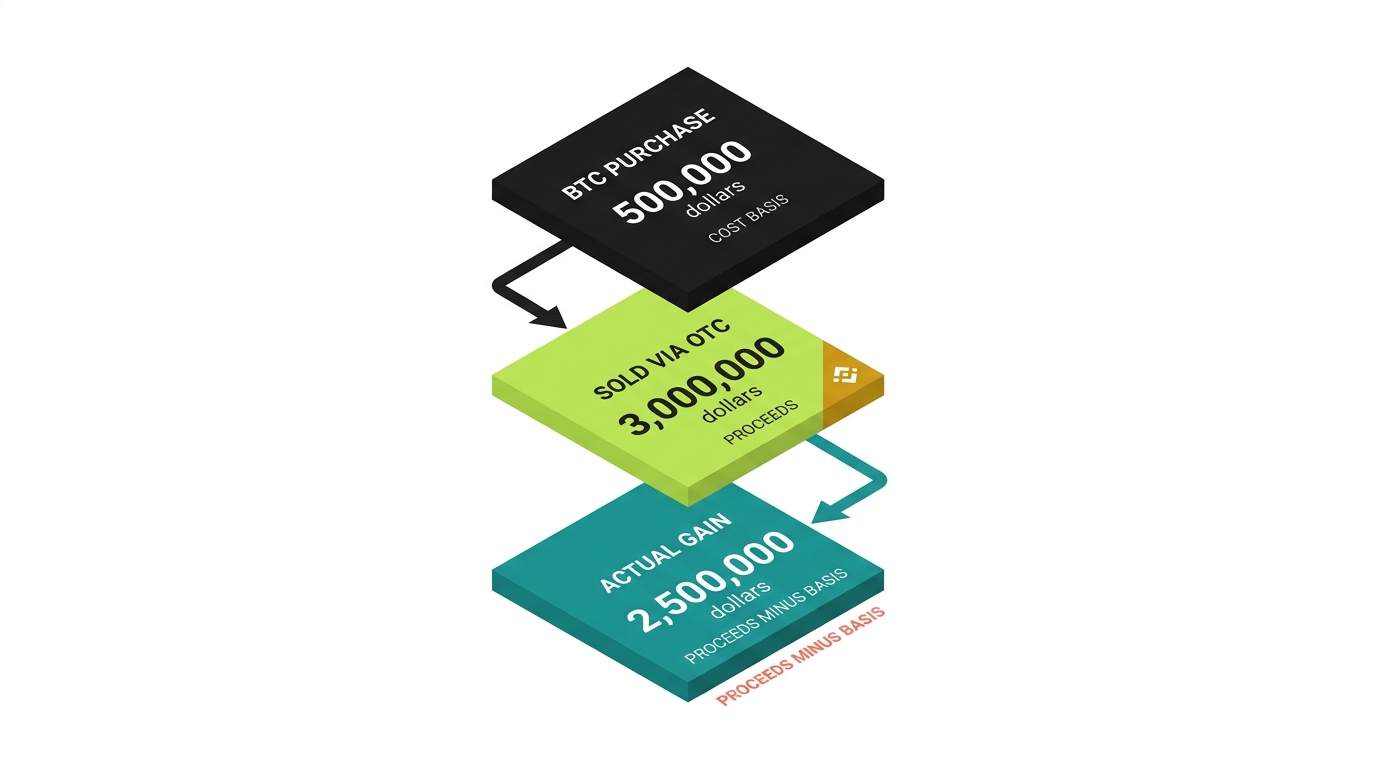 Worked Binance OTC example: bitcoin purchased for 500,000 dollars, sold via Binance OTC for 3,000,000 dollars, producing an actual gain of 2,500,000 dollars after subtracting cost basis