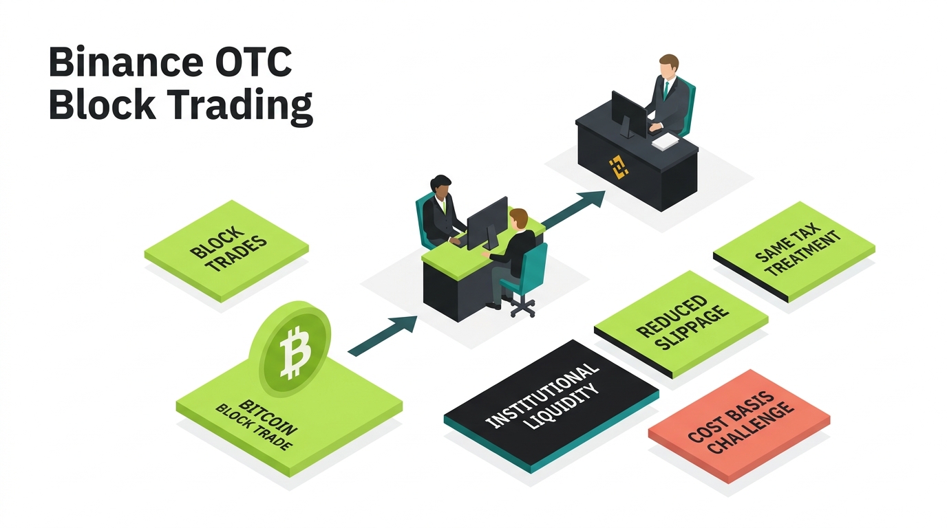 Binance OTC block trading: a large bitcoin block trade routed through a private OTC desk to an institutional buyer, with labels for block trades, institutional liquidity, reduced slippage, same tax treatment, and a cost basis challenge warning