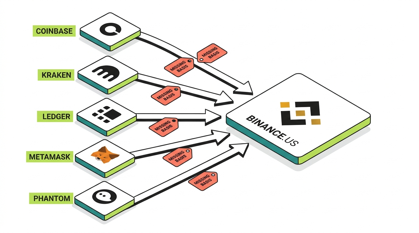 Assets transferred into Binance from Coinbase, Kraken, Ledger, MetaMask, and Phantom, each arriving with a missing basis tag because Binance sees the deposit but not the original purchase price