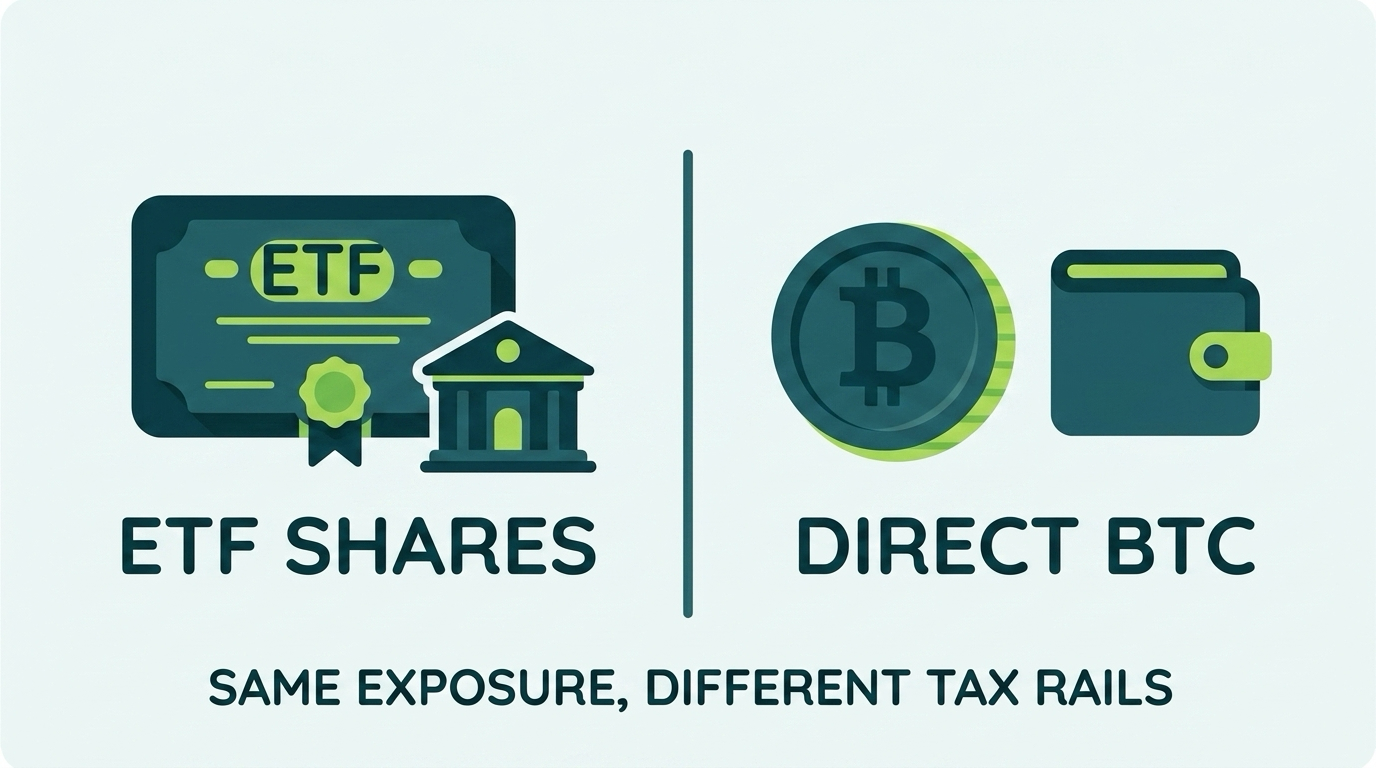Side by side comparison of Bitcoin ETF shares and direct Bitcoin ownership tax treatment