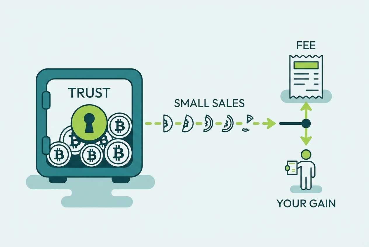 Illustration of a trust selling small amounts of Bitcoin to pay its fee, creating small flow-through gains for shareholders