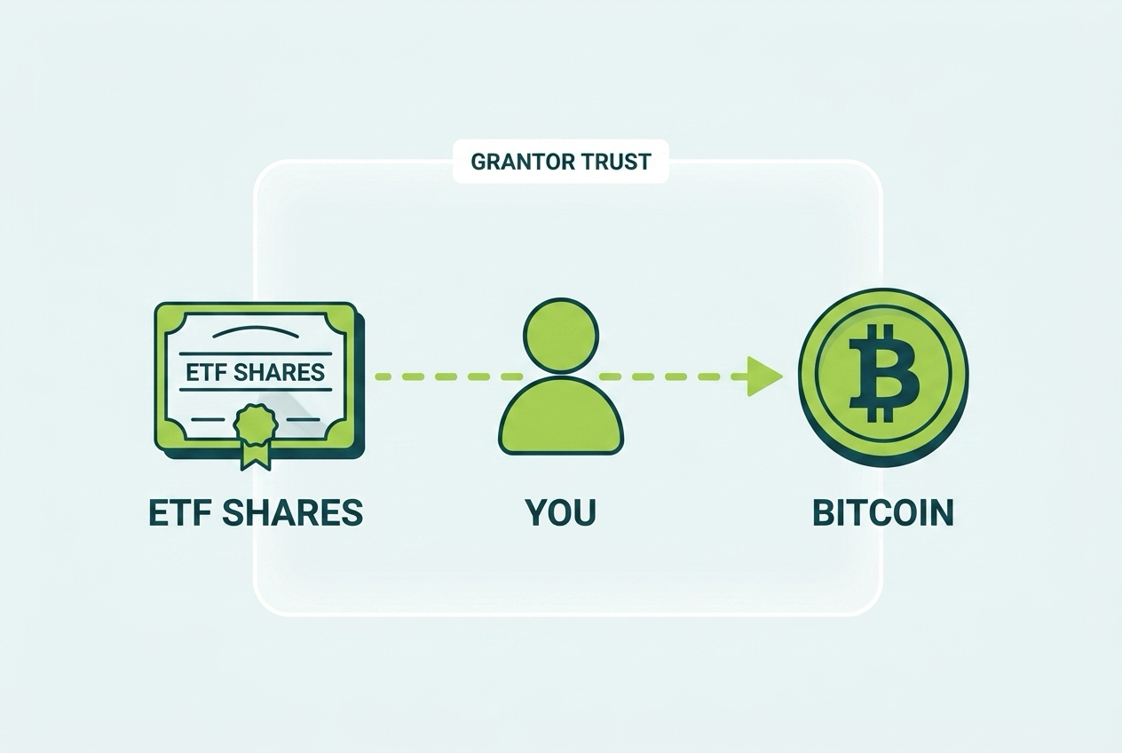 Illustration of grantor trust look-through treatment from ETF shares to the investor to underlying Bitcoin