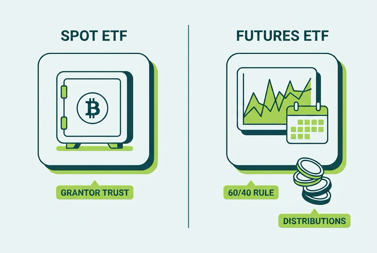 Comparison of spot Bitcoin ETF grantor trust taxation versus futures ETF taxed through Section 1256 contracts and distributions