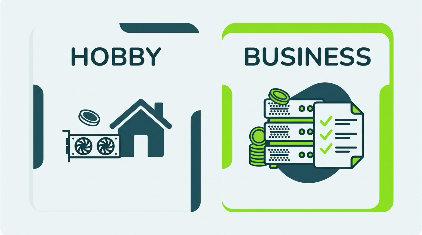 Comparison of hobby mining with no deductions versus business mining with Schedule C deductions and self-employment tax