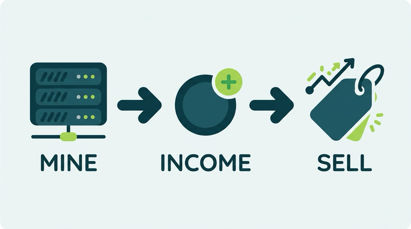Illustration of the two tax events in mining, from mining rig to income at receipt to sale with gain or loss
