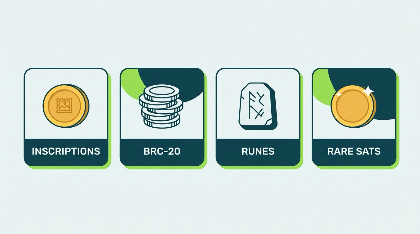 Illustration of the ordinals asset family including inscriptions, BRC-20 tokens, runes, and rare sats