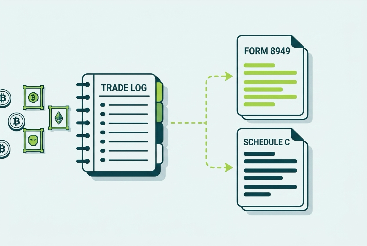 Illustration of an ordinals trading log feeding Form 8949 and Schedule C reporting