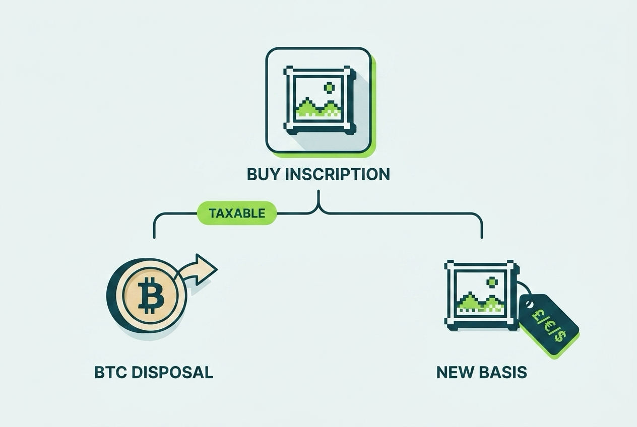 Diagram of an inscription purchase splitting into a BTC disposal and an inscription acquisition
