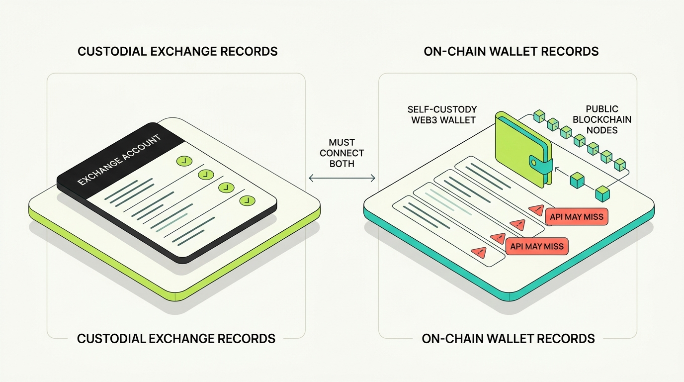 Two data environments side by side: custodial exchange records with a complete check on the left, and on-chain wallet records connected to public blockchain nodes with caution flags on the right, bridged by a label that says both must be connected