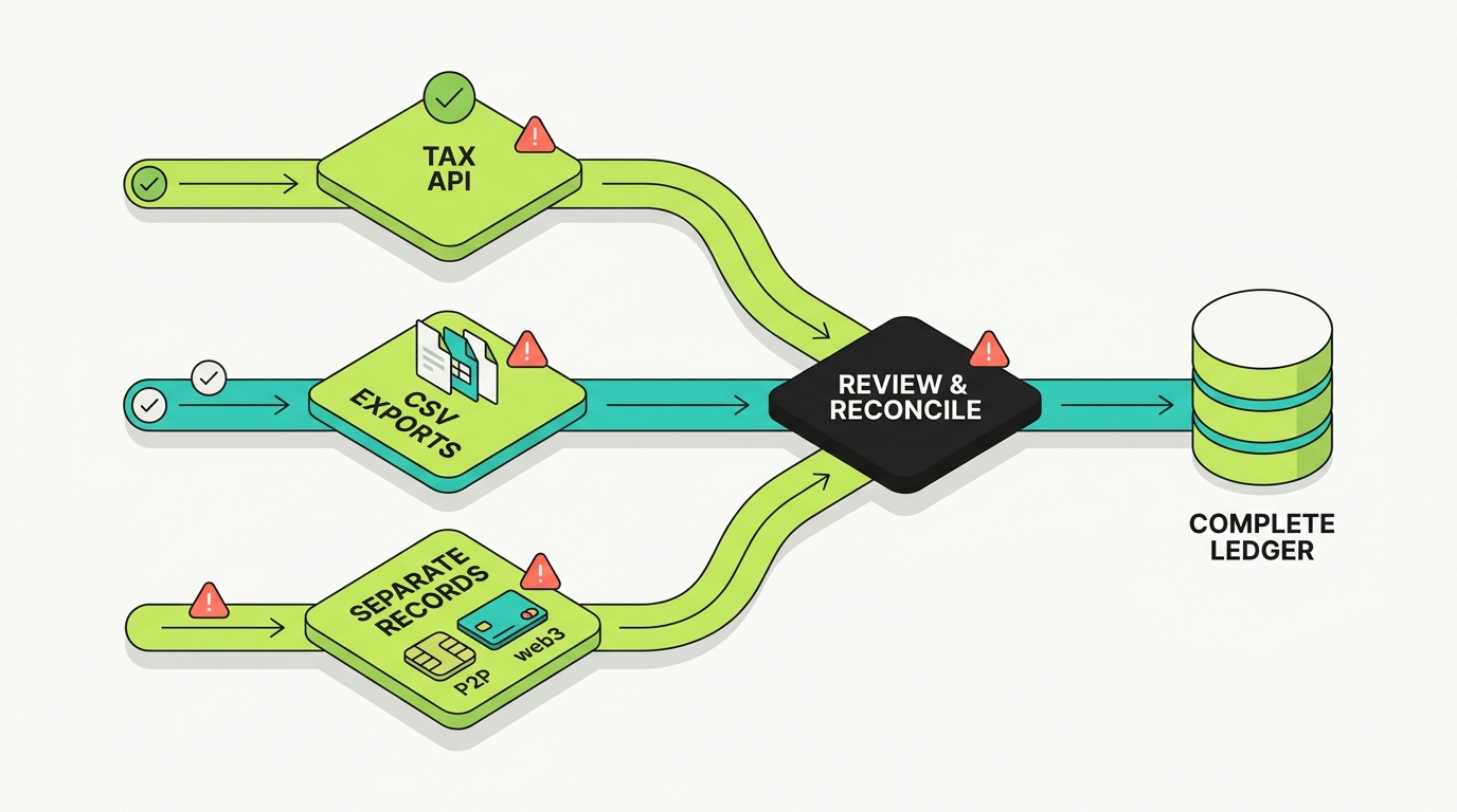 Three lanes (Tax API with caution flags, CSV exports, and separate product records) converging into a review-and-reconcile checkpoint and then a complete ledger