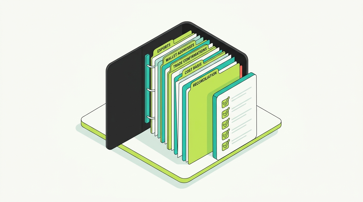 An audit-ready binder with tabbed sections for exports, wallet addresses, trade confirmations, cost basis, and reconciliation, beside a checklist of completed items