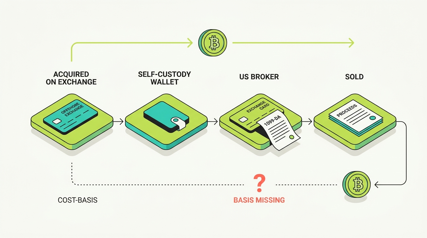 Flow diagram: crypto acquired on Bybit moves to a self-custody wallet, then to a US broker that issues a 1099-DA, while the cost-basis line disconnects and the basis shows as missing until reconciled