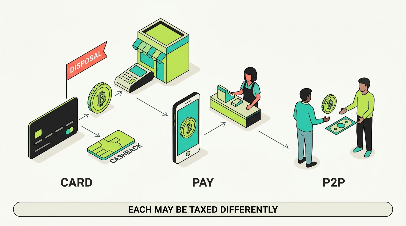 Three lanes of Bybit payment activity: card spending appreciated crypto flagged as a disposal with separate cashback, Pay paying a merchant with crypto, and P2P exchanging crypto for fiat, with a note that each may be taxed differently