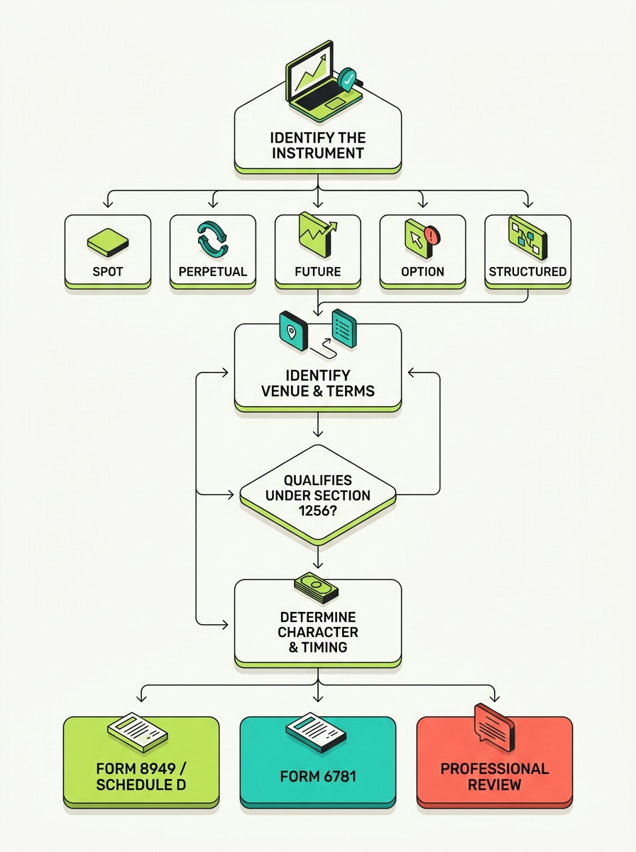 Vertical decision tree for Bybit derivatives: identify the instrument, identify the venue and contract terms, ask whether it qualifies under Section 1256, determine character and timing, then route to Form 8949 and Schedule D, Form 6781, or professional review