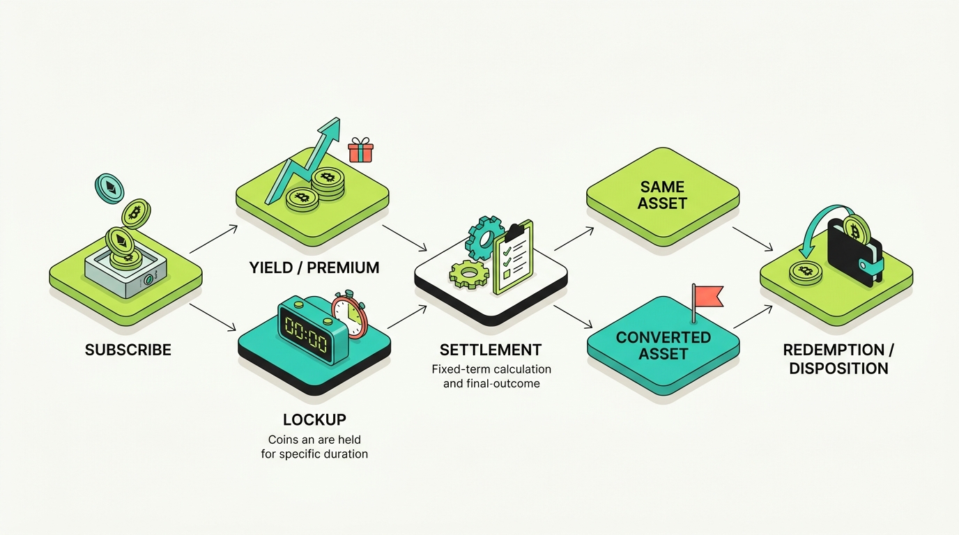 Lifecycle of a Bybit Earn or structured product: subscribe, then yield or premium and lockup, then settlement, branching into same-asset or converted-asset outcomes (with conversion flagged as a possible disposal), ending in redemption or disposition
