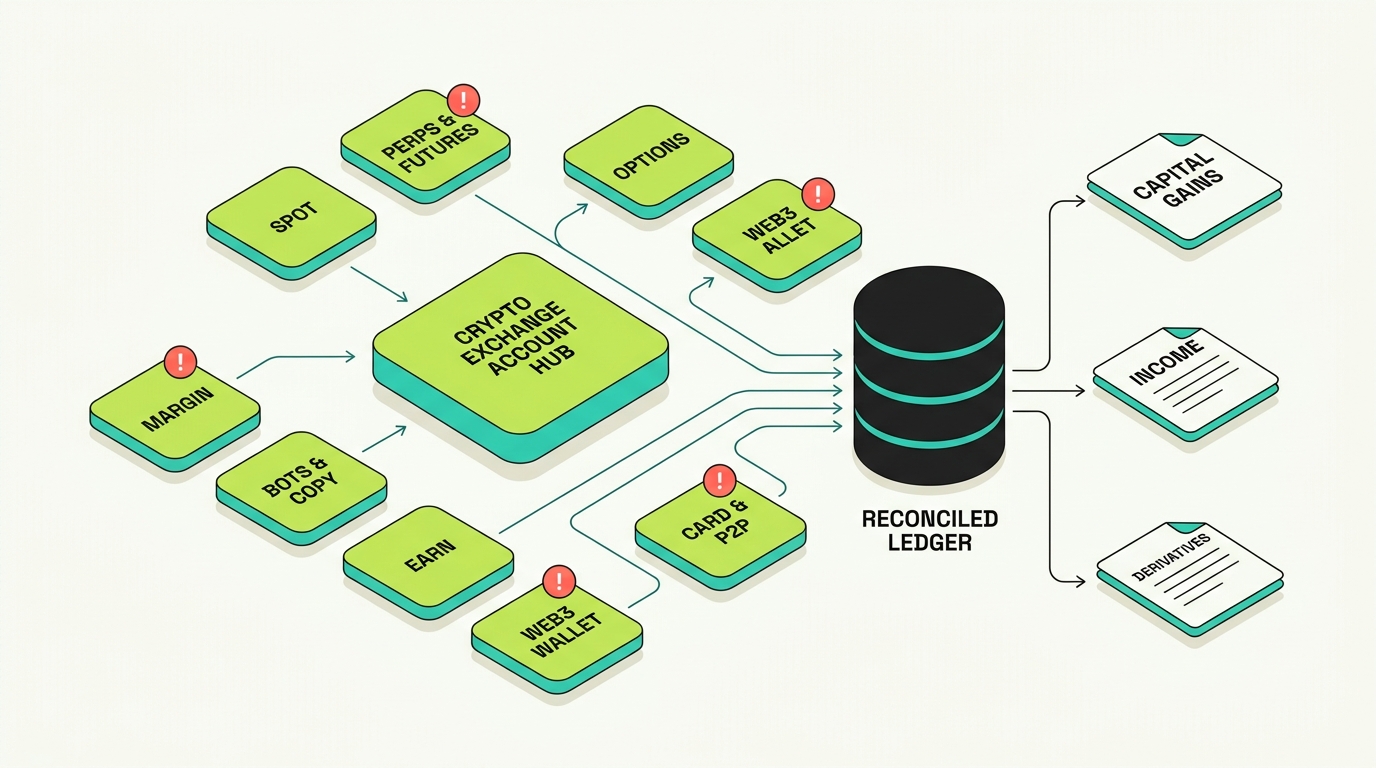 Diagram showing Bybit products (spot, perpetuals and futures, options, margin, bots and copy trading, Earn, card and P2P, Web3 wallet) feeding into one reconciled ledger that produces capital gains, income, and derivative reporting