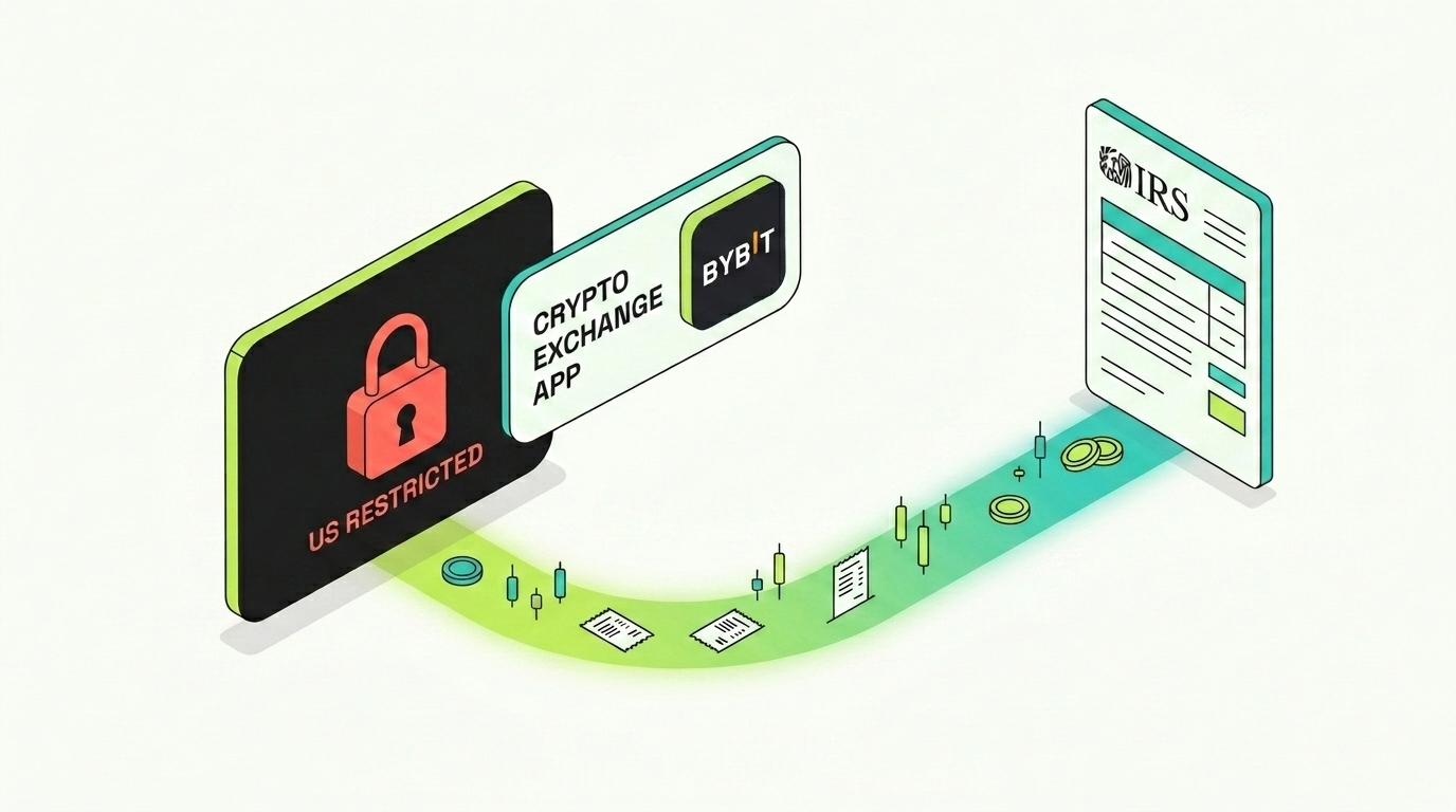 Count On Sheep | Bybit Tax Guide 2026 hero illustration showing Bybit restricted to US users while the historical tax trail still leads to the IRS