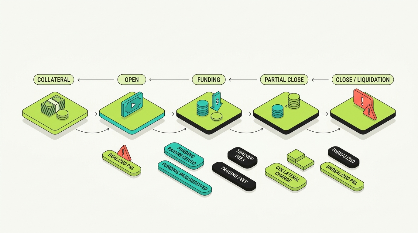 Lifecycle of a Bybit perpetual position showing collateral, open, funding intervals, partial close, and close or liquidation, with separate tracks for realized P&L, funding paid or received, trading fees, collateral change, and unrealized P&L