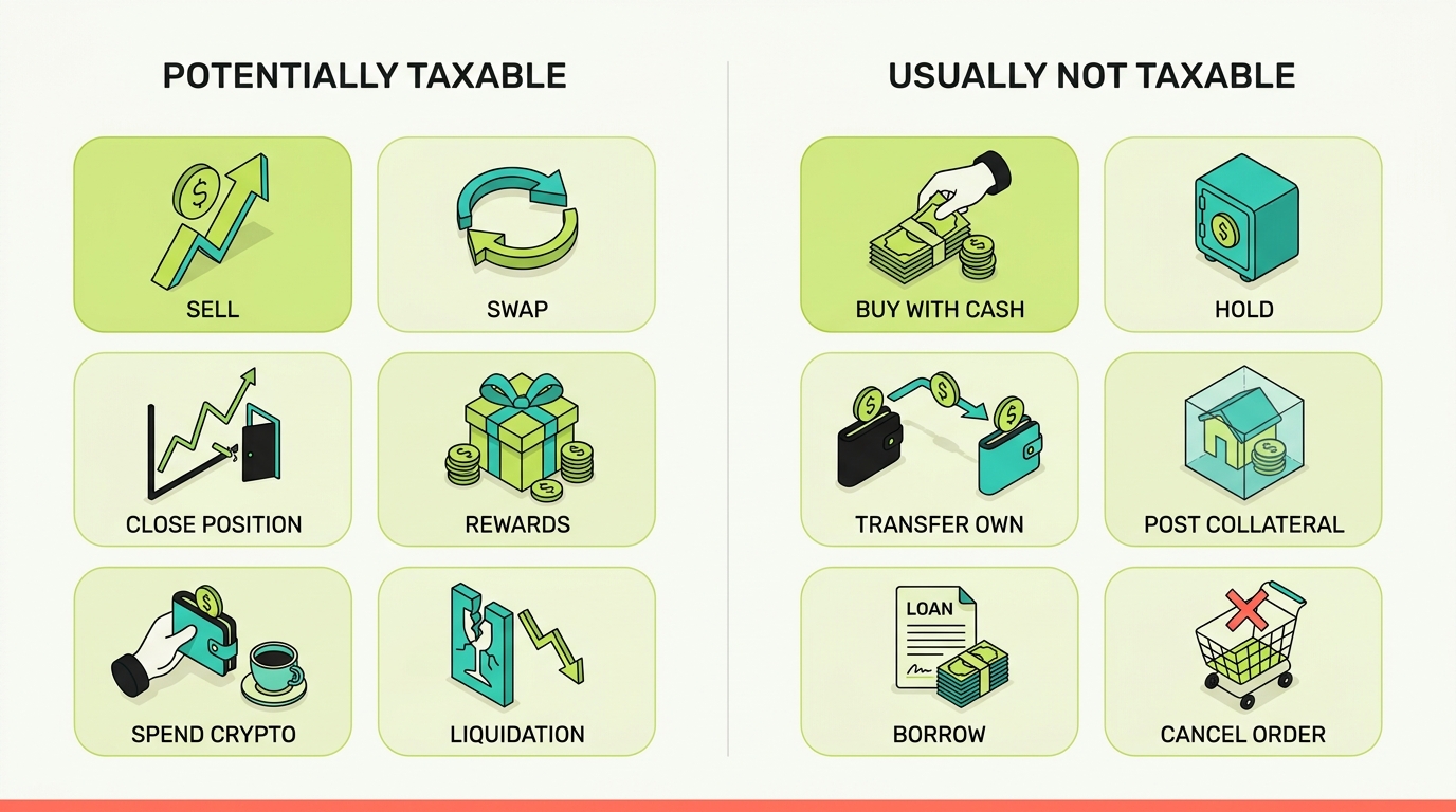 Taxable versus usually non-taxable Bybit events in two columns: potentially taxable includes selling, swaps, closing positions, rewards, spending crypto, and liquidations; usually not taxable includes buying with cash, holding, transfers between owned accounts, posting collateral, borrowing, and canceled orders