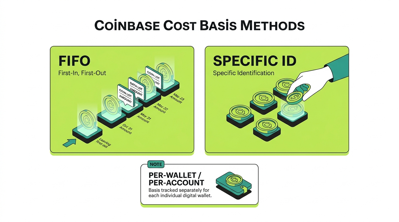 Coinbase cost basis methods: FIFO and Specific Identification shown as coin lots, with per-account and wallet-level tracking under the per-wallet rules