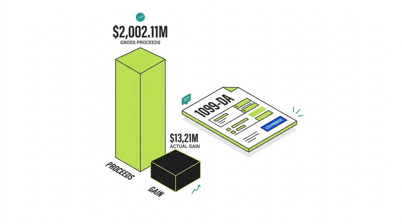 Count On Sheep | Ultimate Coinbase Tax Guide 2026 hero illustration showing a Coinbase 1099-DA with gross proceeds versus actual gains