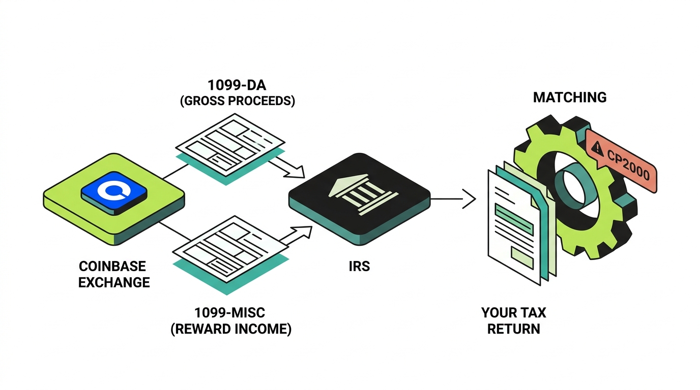 How Coinbase reports to the IRS: Coinbase emits Form 1099-DA for gross proceeds and Form 1099-MISC for reward income to the IRS, which runs matching against your return