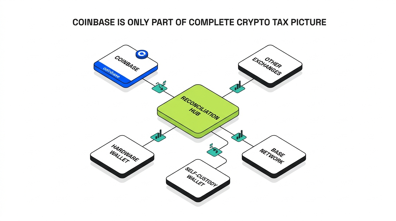 Coinbase is only part of your crypto tax picture: Coinbase connects to other exchanges, wallets, hardware wallets, and Base through a central reconciliation hub that ties them into one complete picture