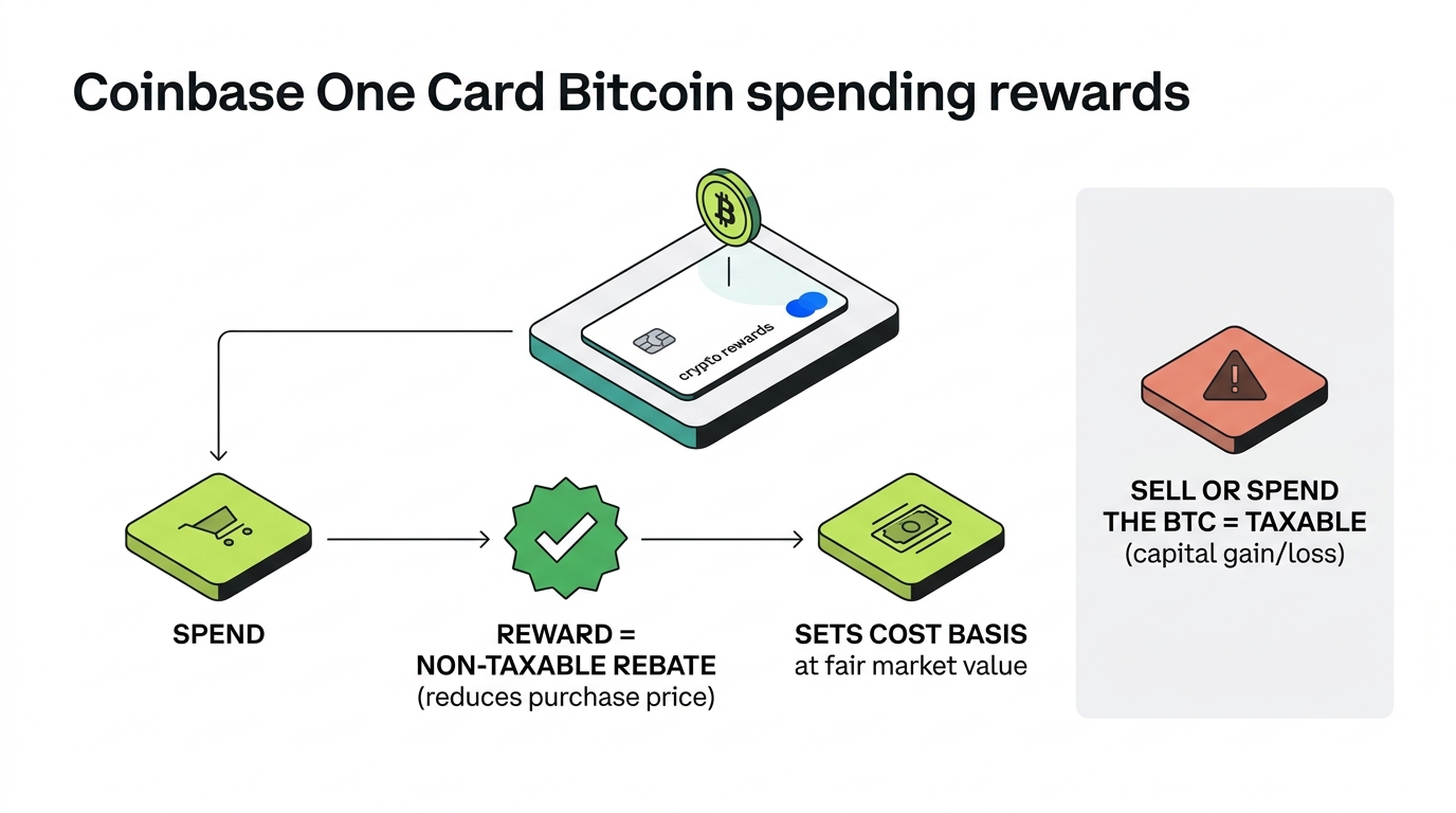 Coinbase One Card bitcoin rewards tax flow: spend earns a reward, the reward is a non-taxable rebate that reduces purchase price and sets cost basis at fair market value, and selling or spending the bitcoin later is a taxable capital gain or loss