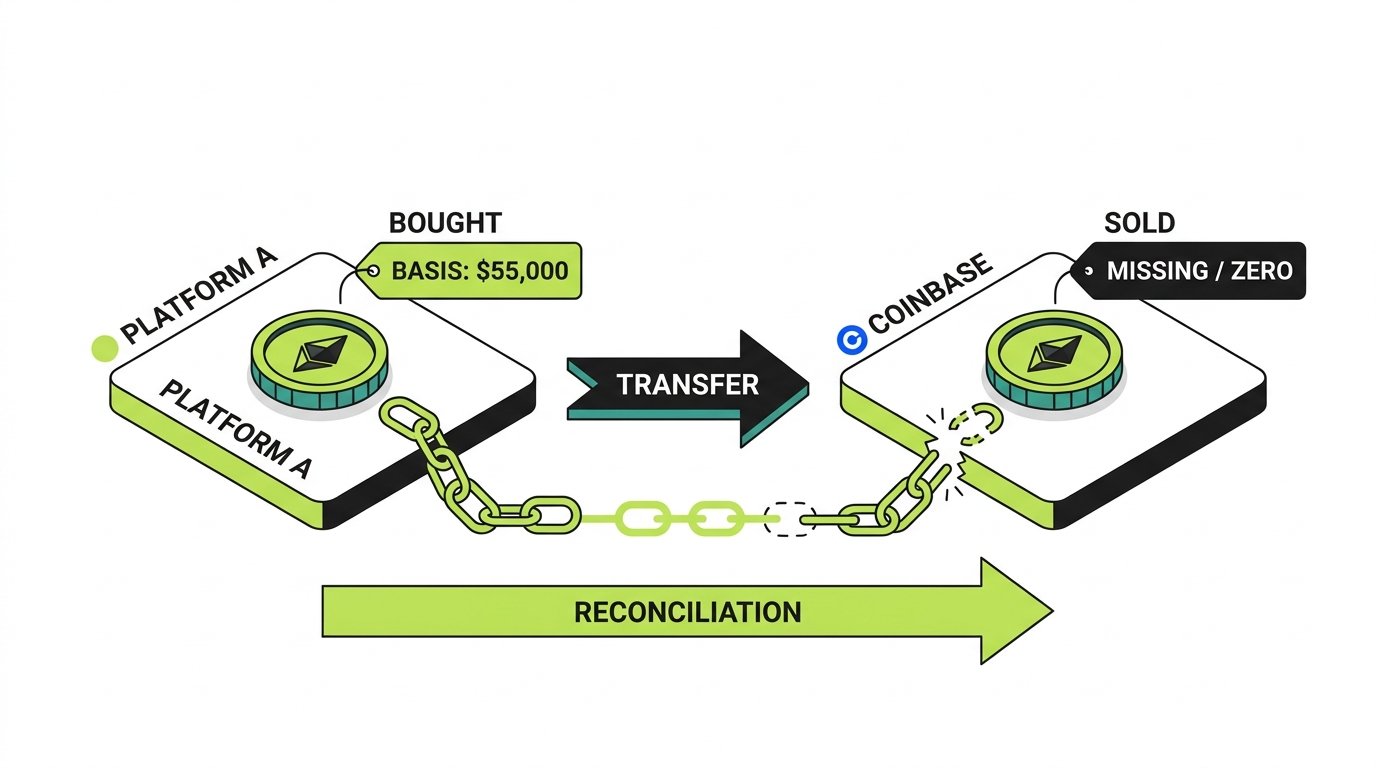 Cost basis lost across a transfer: crypto bought on one platform, moved to Coinbase, and sold, with a broken basis chain that reconciliation restores