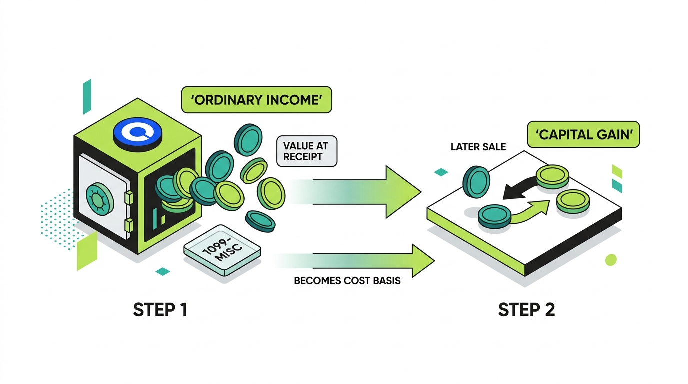 How Coinbase staking is taxed: rewards are ordinary income when received, then a capital gain or loss when the reward assets are later sold