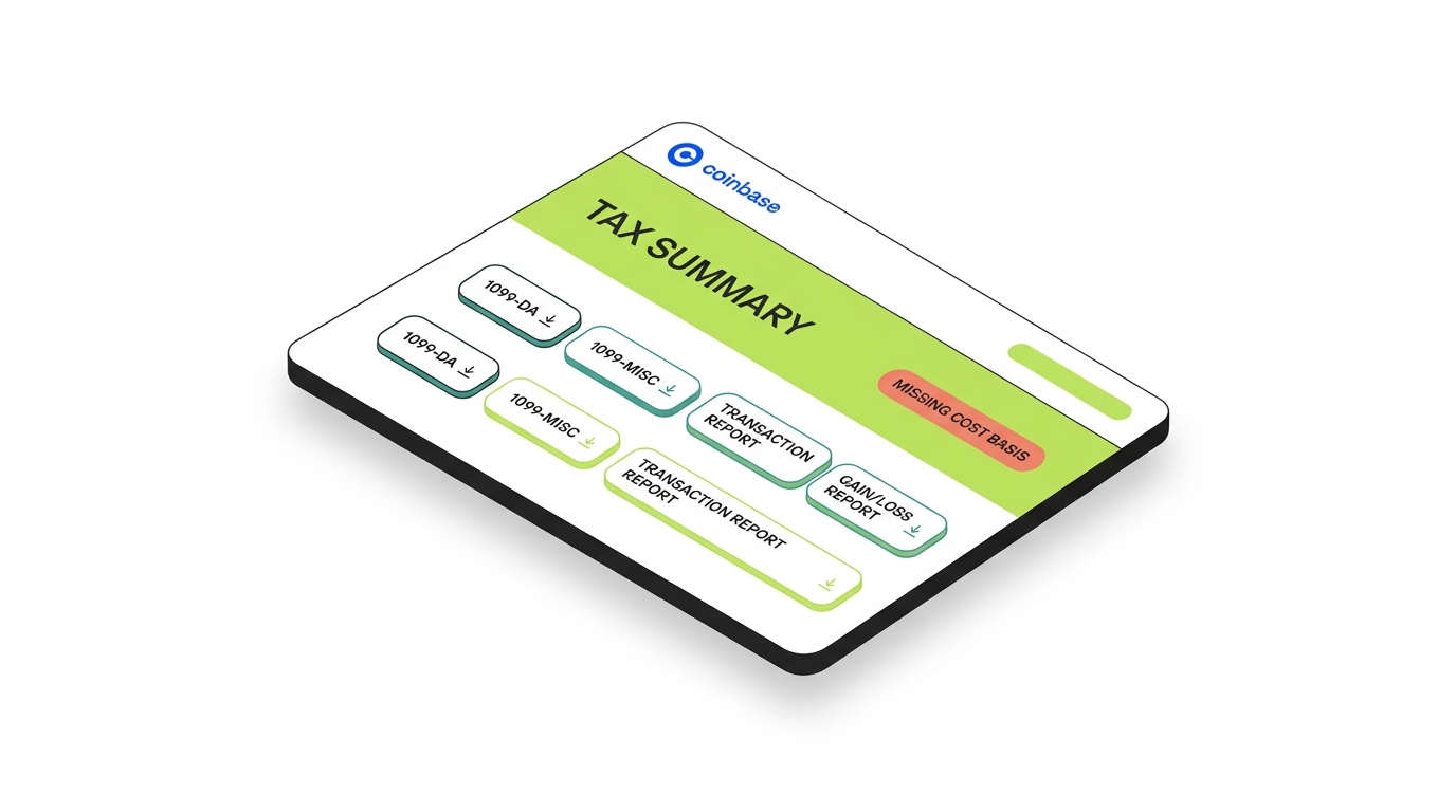 Coinbase Tax Center dashboard showing a tax summary, transaction and gain/loss reports, downloadable 1099-DA and 1099-MISC forms, and a missing cost basis alert