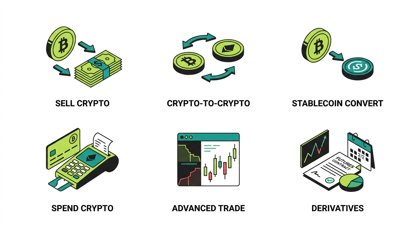 Grid of taxable Coinbase events: selling crypto, crypto-to-crypto conversions, stablecoin conversions, spending, Advanced trades, and derivatives settlement