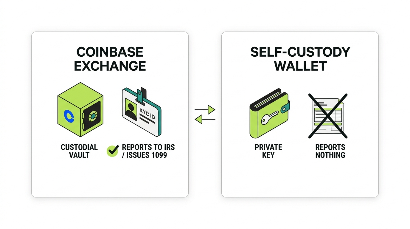 Centralized exchange versus self-custody wallet: the exchange is KYC verified and reports to the IRS, while a self-custody wallet holds your keys and reports nothing