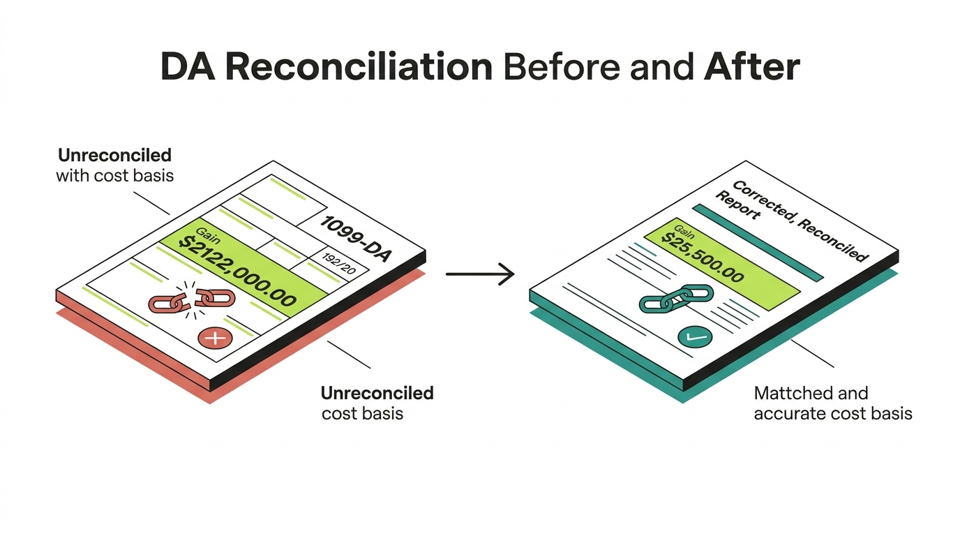 1099-DA reconciliation before and after: an unreconciled form showing an inflated gain with missing cost basis, corrected to an accurate reconciled gain