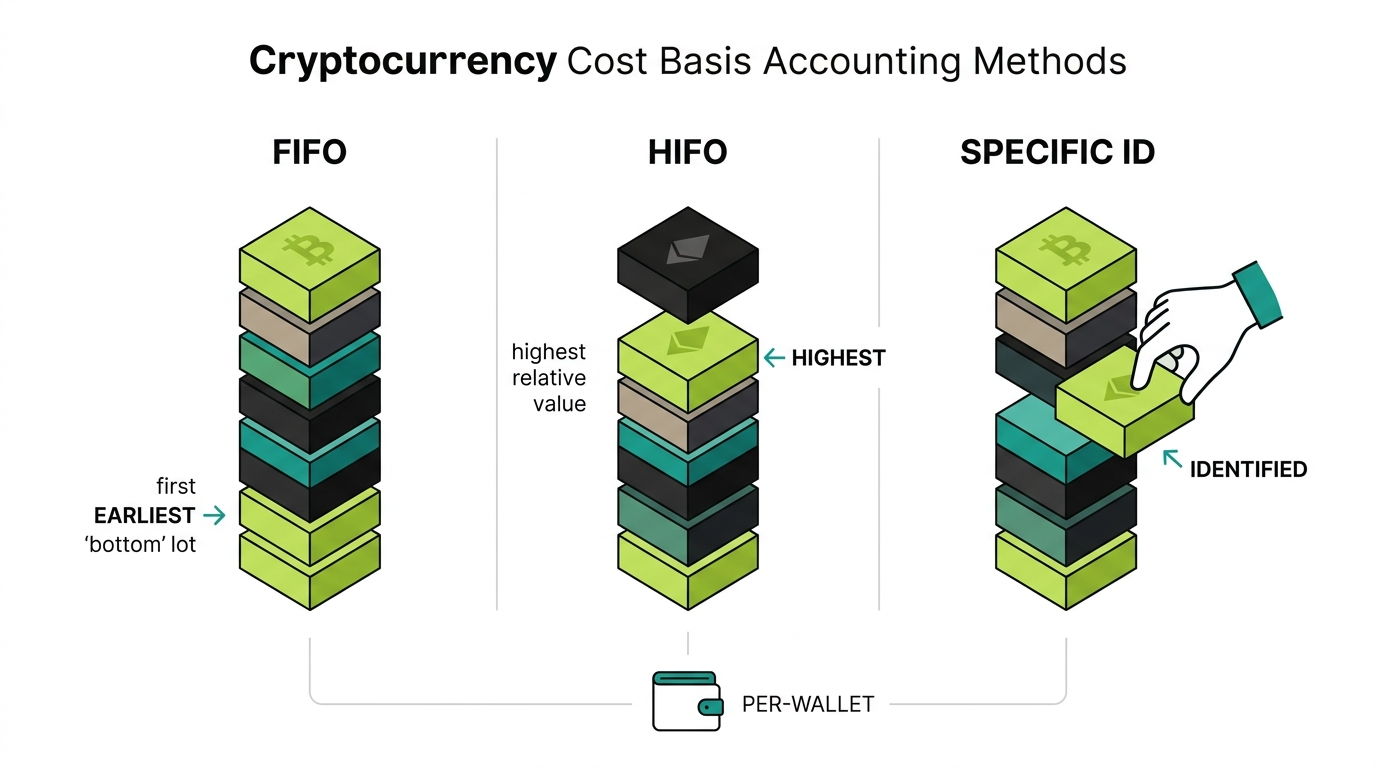 Comparison of FIFO, HIFO, and Specific Identification cost basis methods with a note on per-wallet tracking under Rev. Proc. 2024-28