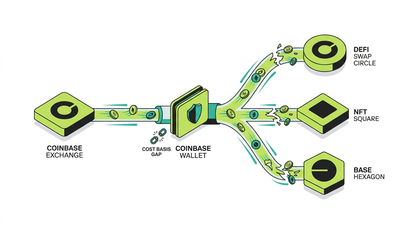 Visual flow of assets moving from the Coinbase exchange into Coinbase Wallet and then branching into DeFi, NFTs, and the Base network where cost basis fragments