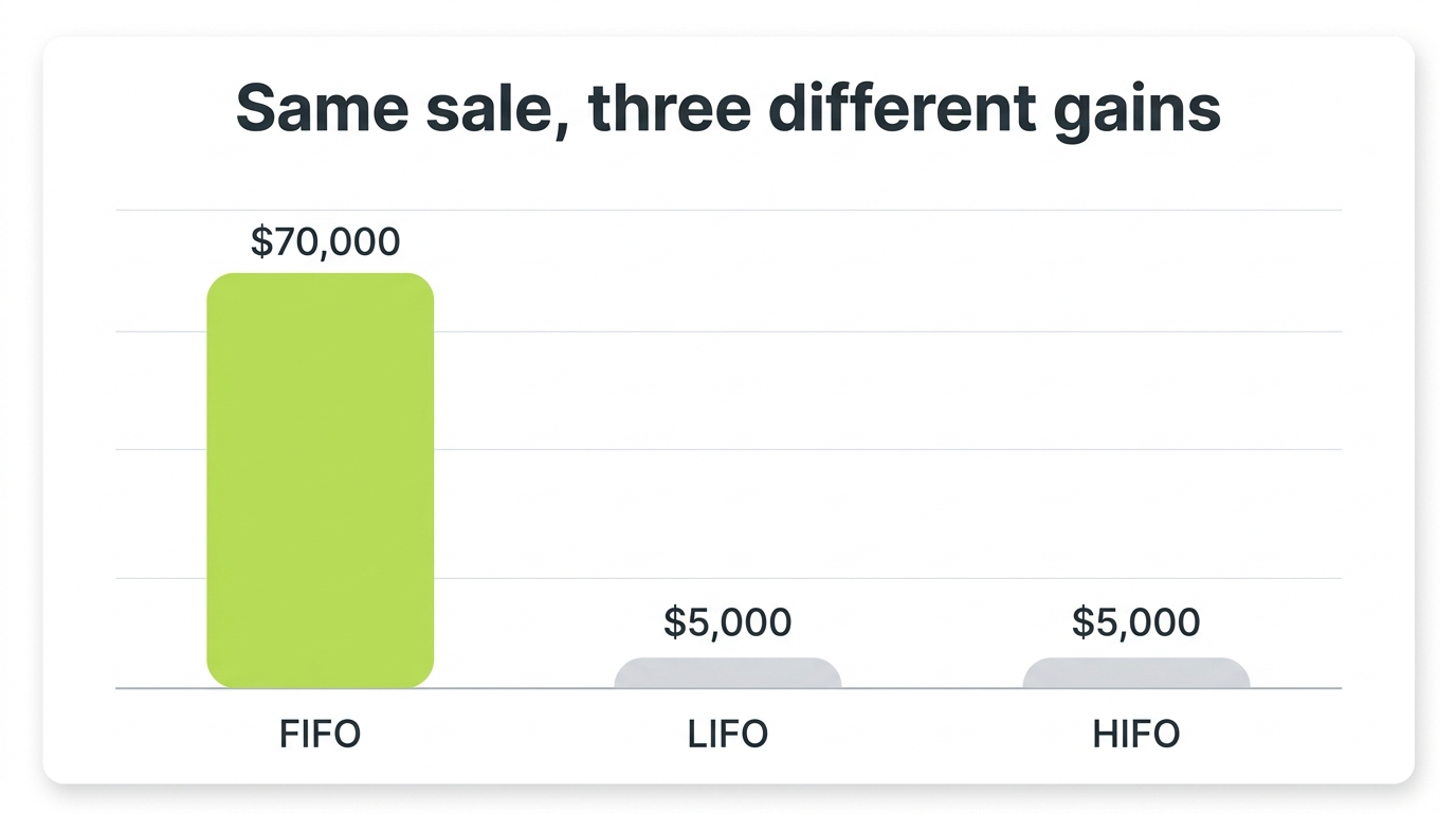 Comparison of FIFO, LIFO, and HIFO cost basis methods in CoinLedger showing how the same sale produces different taxable gains