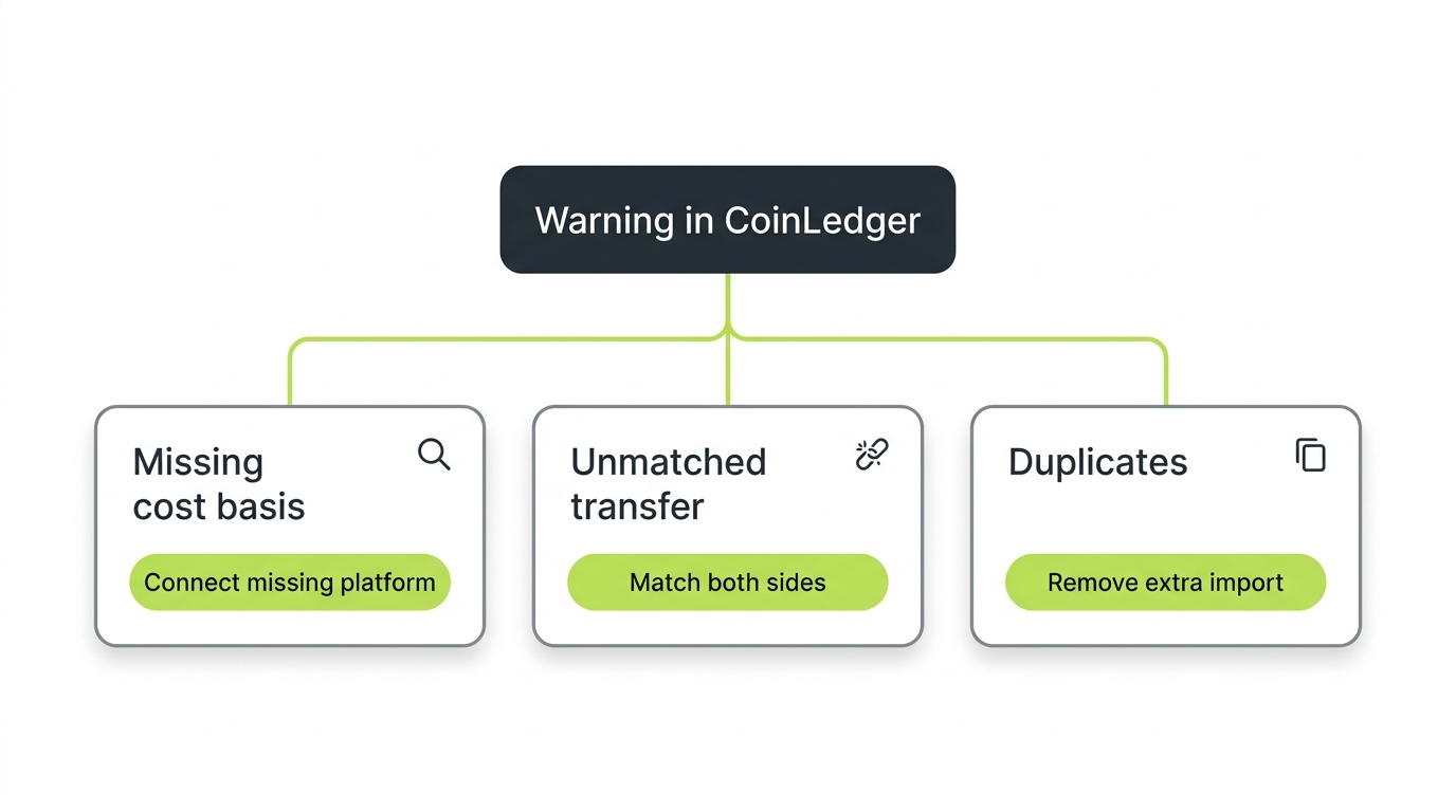 Decision flow for fixing CoinLedger errors covering missing cost basis warnings, unmatched transfers, and duplicate transactions